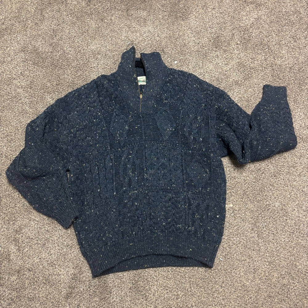 Aran Crafts Mens Large 100% Wool Cable Knit Quarter Zip Sweater Ireland